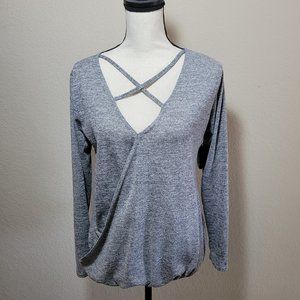 Womens Gray Long Sleeve Medium 10 Top Wrap Bubble Hem Cut Out Boutique